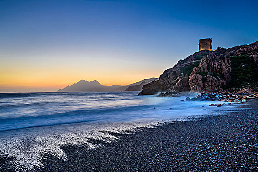 风景,海滩,海浪,瞭望塔,日落,海湾,波尔图,科西嘉岛,法国