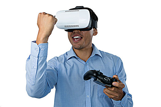 高兴,商务人士,虚拟现实,玻璃,握拳,玩,电子游戏,白色背景