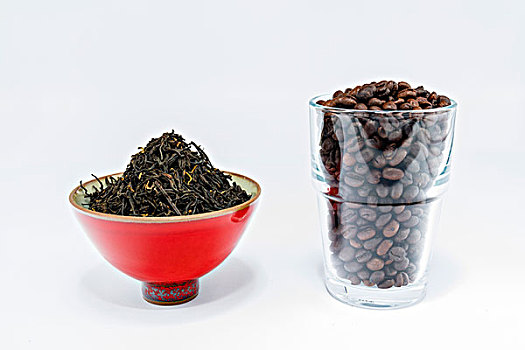 瓷碗,茶叶,玻璃杯,咖啡豆