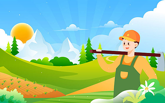 乡村田园春季种地播种农民农忙时节耕种插画