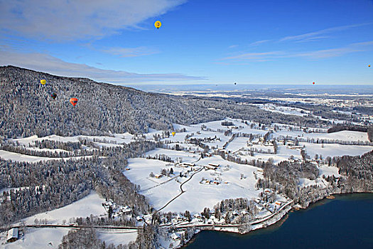 热气球,高处,泰根湖,山谷,巴伐利亚,德国,航拍