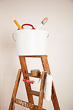 桶,绘画,供给,油漆滚,梯凳,静物