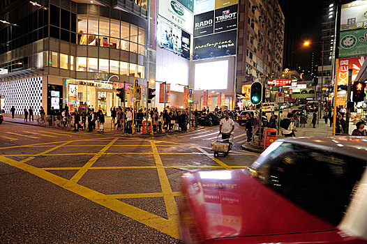红色,出租车,驾驶,街道,尖沙嘴,晚上,九龙,香港,中国,亚洲