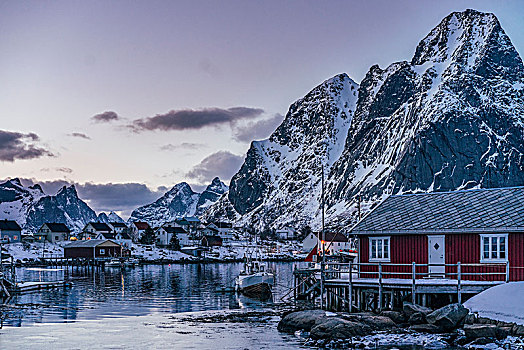 平和,渔村,仰视,雪山,瑞恩,罗浮敦群岛,挪威