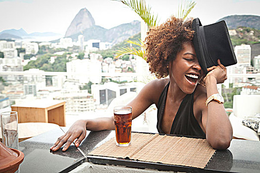 女人,笑,平台,甜面包山,背景,巴西