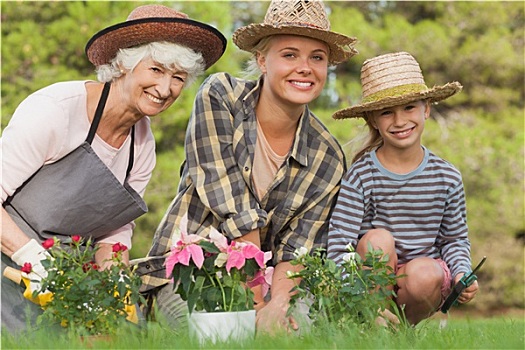 三代人,女人,园艺,头像,穿,草帽,微笑