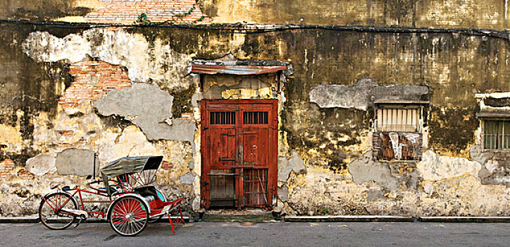 马来西亚,槟城,全景,图像,老,红色,门,三轮车