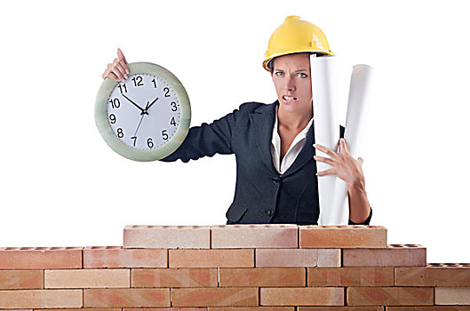 女人,建筑工人,钟表,白色背景