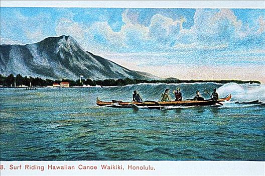 明信片,夏威夷,瓦胡岛,怀基基海滩,舷外支架,独木舟,钻石海岬,背景
