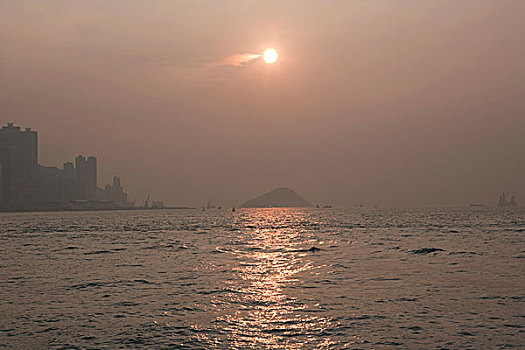 日落,上方,西部,港口,香港