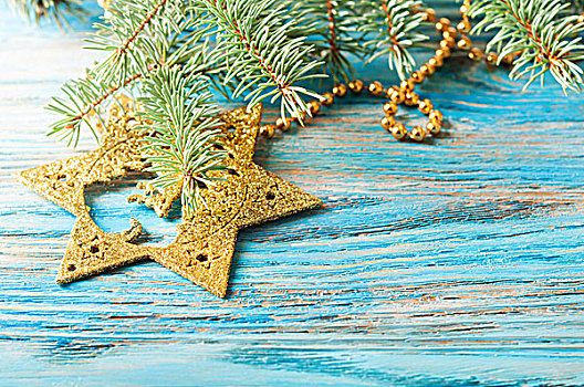 金色,圣诞装饰,杉枝,蓝色,木质背景