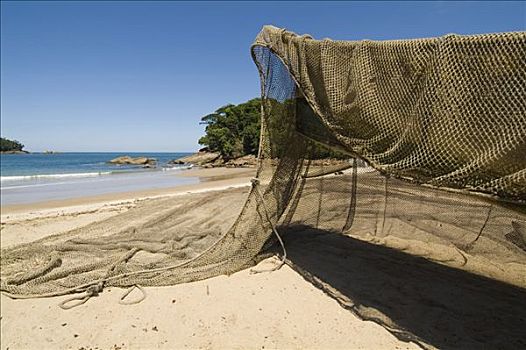 小,渔船,渔网,海滩,靠近,巴西