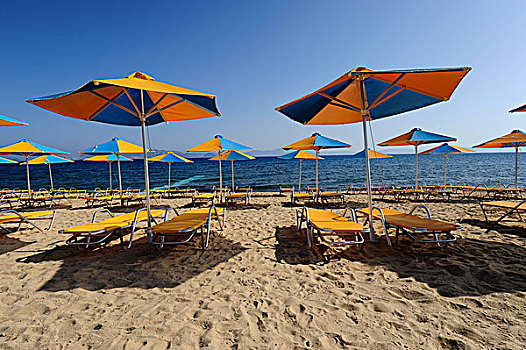 伞,沙滩椅,海滩,岛屿,多德卡尼斯群岛,希腊,欧洲