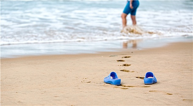 海滩,拖鞋,模糊,剪影,女人,波浪