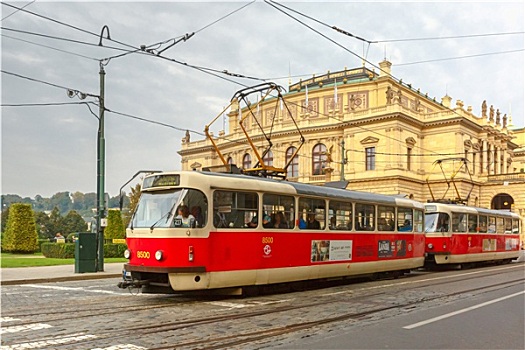 红色电车,靠近,国家剧院,布拉格,捷克