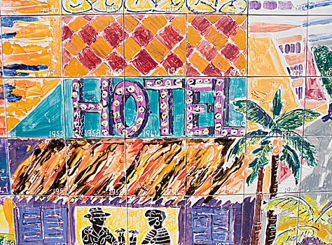 加勒比,开曼群岛,大开曼岛,乔治敦,彩色,瓷砖,壁画,酒店,街边咖啡厅