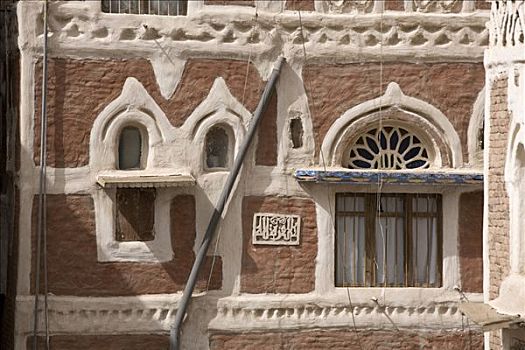 房子,砖,粘土,窗户,装饰,水管,历史,中心,世界遗产,也门,中东