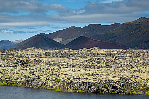 冰岛,斯奈山半岛,火山地貌,火山,湖,火山岩,舌头,蓝天,亮光