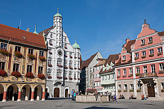 市场,建筑,左边,中心,喷泉,迈明根,巴伐利亚,德国,欧洲