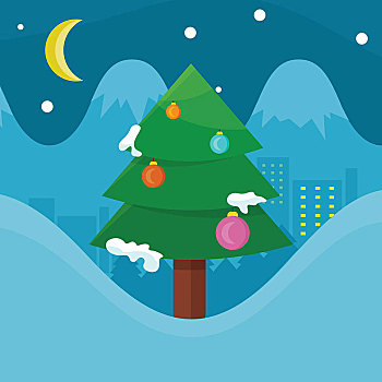 寒假,概念,矢量,设计,圣诞树,装饰,彩色,玩具,遮盖,雪,站立,背景,夜晚,城市,月亮,星,高处,圣诞节,新年,庆贺,冬天