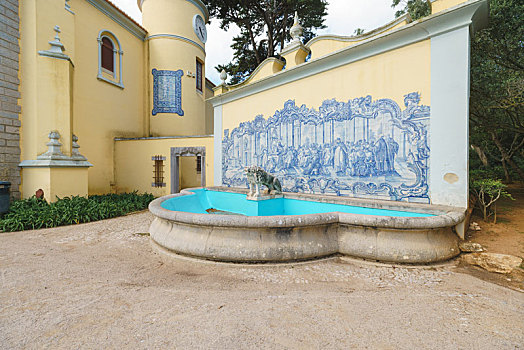 葡萄牙卡斯凯什小镇博物馆经典蓝色瓷砖墙面,museum,condes,de,castro,guimarães