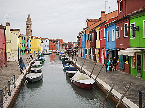 威尼斯,狭窄,运河,泊船,平台,明亮,涂绘,房子