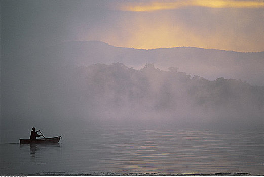 人,划桨船,湖,雾,马萨诸塞,美国