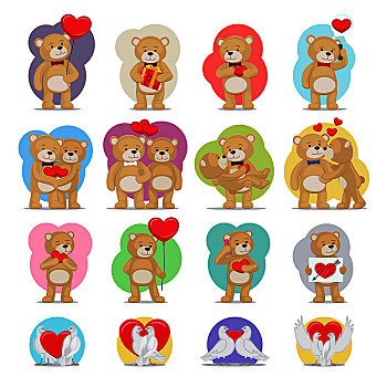 情人节,熊,鸽子,相爱,泰迪熊,男孩,女孩,情侣,心形,可爱,象征,永恒,喜爱,矢量,玩具,吻,给,礼物,交谈,电话