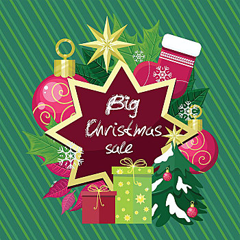 大,圣诞节,销售,矢量,风格,概念,设计,插画,叶子,玩具,礼盒,袜子,星,雪花,绿色,条纹,背景,寒假,购物,折扣