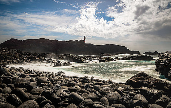 海滩,黑色,火山岩,石头,蓝绿色海水,背影,灯塔,特内里费岛,加纳利群岛,西班牙,欧洲