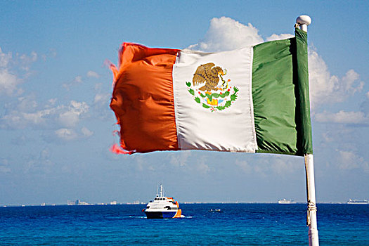 墨西哥,科苏梅尔,墨西哥国旗,渡轮,干盐湖,卡门,进入,相对,方向