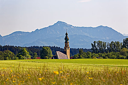 教堂,山,后面,齐姆高,上巴伐利亚,巴伐利亚,德国,欧洲