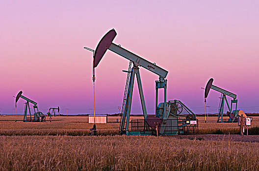 油泵,加拿大,草原,黄昏,萨斯喀彻温