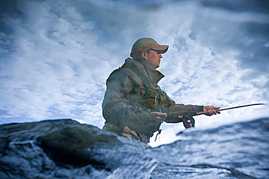 反射,潮汐塘,一个,男人,钓鱼,石头,纽波特,罗德岛,美国