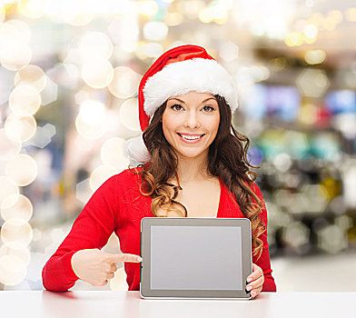圣诞节,休假,科技,人,概念,微笑,女人,圣诞老人,帽子,平板电脑,电脑,上方,背景