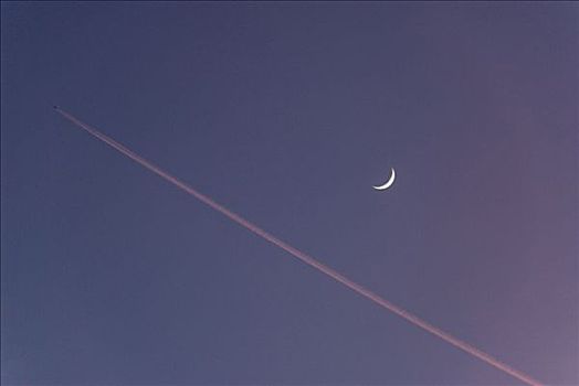 夜空,月亮,飞机,水汽尾迹,巴伐利亚,德国