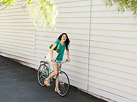 美女,骑自行车,小路,购物