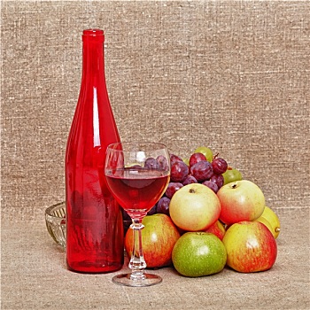 静物,红色,酒瓶,水果