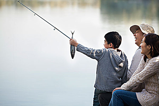 男孩,赞赏,钓鱼,抓住,家庭,湖