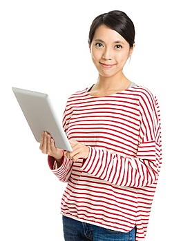 女人,拿着,笔记本电脑,隔绝,白色背景