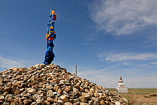 蒙古,蓝色,黄色,祈祷,围巾,佛塔,河,亚洲