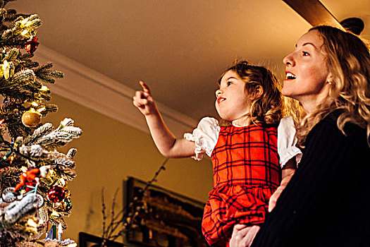 女性,幼儿,母亲,指点,圣诞树装饰物