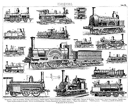 多样,火车头,引擎,不同,雕刻,19世纪
