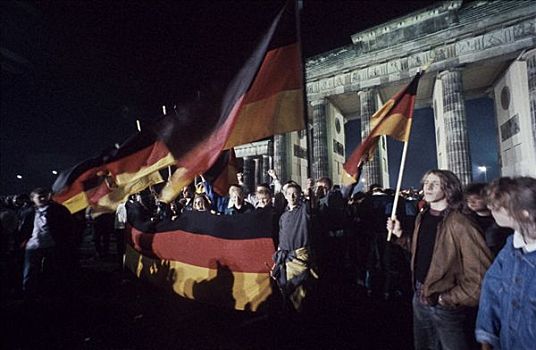 柏林墙,德国,欢呼,人,正面,勃兰登堡门,柏林,欧洲