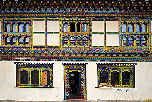 彩色,装饰,窗户,门,传统,不丹,建筑,亚洲