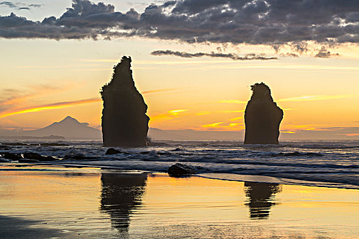 日落,三姐妹山,塔拉纳基,背景,新,普利茅斯,地区,区域,北岛,新西兰