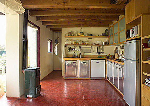 厨房,红色,地面,弯曲,不锈钢,木质,靠近,入口