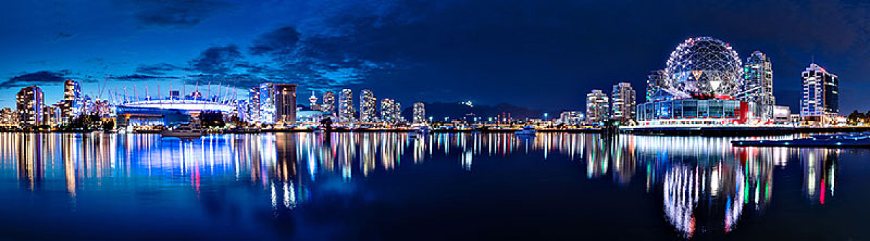 温哥华,全景,晚上,天际线,不列颠哥伦比亚省,加拿大