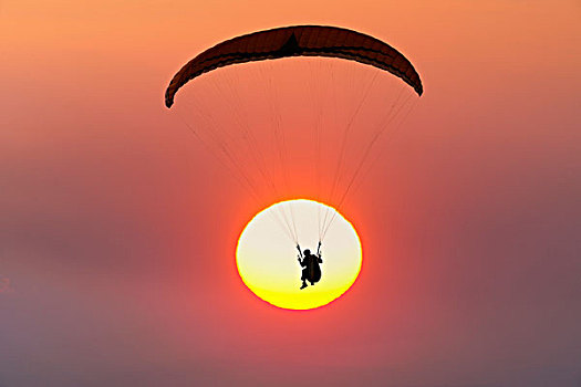 滑翔伞,正面,太阳,日落