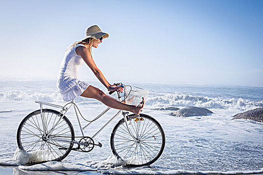 美女,高兴,金发,骑自行车,海滩